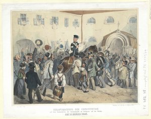 Proklamation af forfatningen på nationalgardens mødested i Freihaus (det frie hus) på Wieden den 15. marts 1848 (farvelitografi) af Carl Goebel