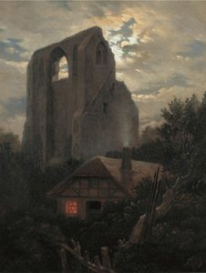 Ruinerne af Eldena-klosteret med sommerhus nær Greifswald i måneskin, 1820