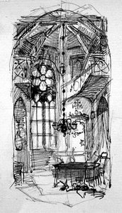 En skitse af kunstnerens Oberwesel-atelier (pen og blæk og blyant på papir) af Carl Haag