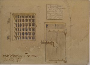 Jassos fængsel i Ferrara, 1852 (blyant og wc-vask på papir) af Carl Haag