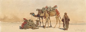 Hviler med tre kameler i ørkenen, 1859