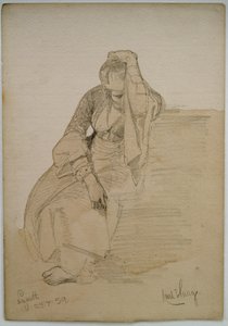 Studie af en siddende dame, Nazareth, 1859 (blyant og wc-vask på papir) af Carl Haag