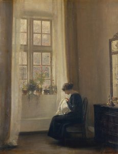 En pige, der syr i et interiør (olie på lærred)