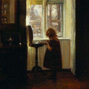 En pige, der står ved et sybord (olie på lærred) af Carl Holsoe