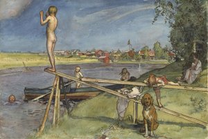 A Pleasant Bathing Place, fra A Home-serien, ca. 1895 (wc på papir) af Carl Larsson