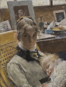 A Studio Idyll: The Artists Wife and their Daughter Suzanne, 1885 (pastel) af Carl Larsson