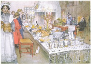 Juleaften er det enorme langbord i den store sal helt dækket af mad (farvelitografi) af Carl Larsson