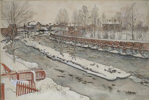 »The Timber Chute«. Vintermotiv. Fra serien »A Home« (26 akvareller) af Carl Larsson