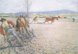 De to mænd med deres harver arbejdede metodisk frem og tilbage af Carl Larsson