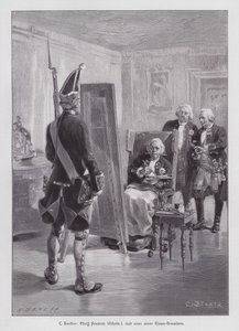 Kong Frederik Vilhelm I af Preussen maler en grenader af hans Potsdamer Riesengarde (Giant Guard of Potsdam) (gravering) af Carl Ludwig Friedrich (after) Becker