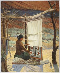 Navaho Weaver, Canyon de Chelly, Navaho Reserve (olie på lærred monteret på panel)