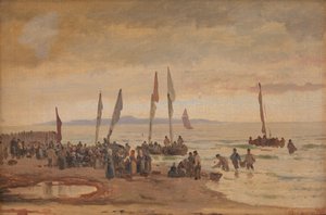 Hjemvendende fiskere modtages på Hornbæk Strand af Carl Neumann