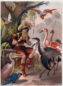 Papageno med en panfløjte bringer fuglene fra skoven. Illustration af Carl Offterdinger (1829-1889) i "" Den fortryllede fløjte"" (Die Zauberflote, flauto magico, Tryllefløjten). Privat samling.