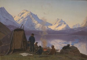En grønlandsk boplads ved en fjord. Sommer af Carl Rasmussen