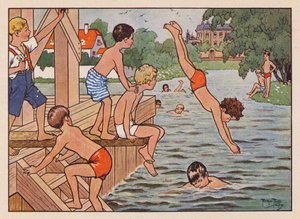 Svømning og udspring for drenge (farvelitografi) af Carl Robert Arthur Thiele
