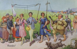 Komiske skildringer af tidlig radio (farve litho)