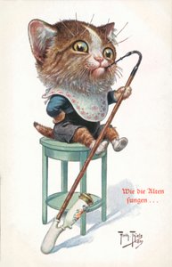 Humoristisk kattepostkort (farvelitografi) af Carl Robert Arthur Thiele
