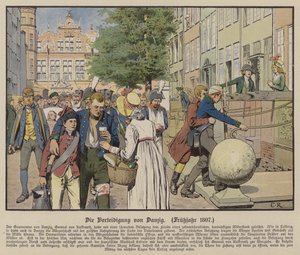 Civile hjælper preussiske sårede under forsvaret af Danzig, forår 1807 (farve litho) af Carl Röchling