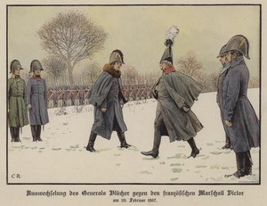 Udveksling af tilfangetagne preussiske og franske feltmarskaler Gebhard Blucher og Claude Victor-Perrin, 20. februar 1807 (farve litho) af Carl Röchling