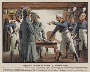 Feltmarskal Blucher overgiver sig til franskmændene ved Katekau, 7. november 1806 (farve litho) af Carl Röchling