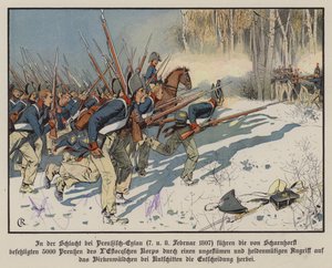 Preussisk infanteri angriber i slaget ved Eylau, 7.-8. februar 1807 (farve litho) af Carl Röchling