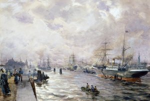 Sejlskibe i Hamborgs havn, 1889 (wc og gouache på papir)
