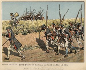Preussiske musketerer og grenaderer på march fra Mahren til Kustrin