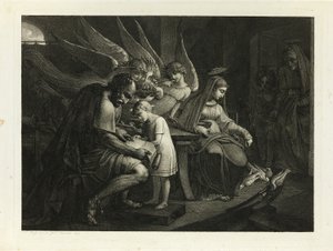 Den hellige familie travlt derhjemme: Joseph lærer drengen Jesus at læse. Mary fodrer duerne. Elizabeth kommer ind i rummet med John