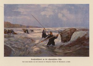Indsamling af rav i Østersøen, Østpreussen (farvelitografi) af Carl Saltzmann