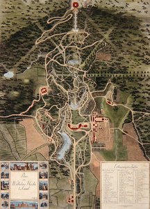 Plan af Wilhelmshohe nær Kassel (farvet radering) af Carl Schaeffer