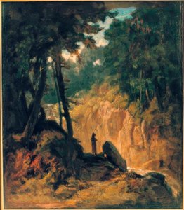 Skovklædt landskab med et vandfald på bredden med Kapuzinerm af Carl Spitzweg