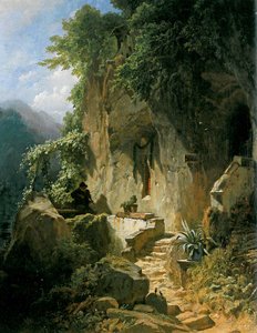 Musikskabende eremit foran sin rockeremitage af Carl Spitzweg