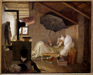Stakkels digter En gammel mand ligger på et loft. Maleri af Carl Spitzweg (1808-1885) 1839. Dim. 0,36 X 0,44 m Berlin, Altes Museum, Tyskland - Den fattige digter. En gammel mand sengeliggende på et loft. Maleri af Carl Spitzweg (1808-1885) af Carl Spitzweg