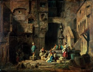 Vaskemaskiner ved brønden af Carl Spitzweg