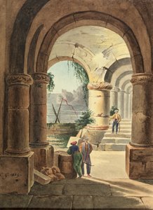 Udsigt over havet gennem et kloster, 1829 (wc på pap)