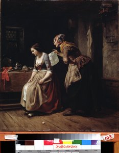 ""Brevet"" (Et brev) En tjener bringer et brev til en ung pige i fortvivlelse. Maleri af Carl Wilhelm Hubner (1814-1879) 1800-tallets fjernøstlige kunstmuseum, Khabarovsk, Rusland af Carl Wilhelm Hübner