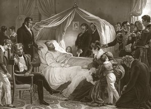 Napoleon på sit dødsleje, 5. maj 1821, pub. gravering.