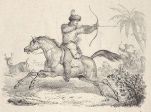 Kosakker til hest på jagt på hjorte, 1821-36. af Carle Vernet