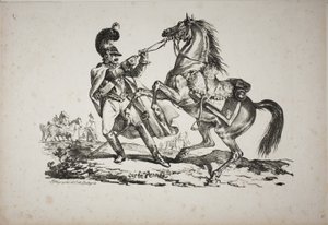 Cuirassier til fods holder sin opdrætshest tilbage af Carle Vernet