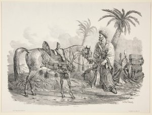 Siddende araber holder tøjlen på en arabisk hest af Carle Vernet