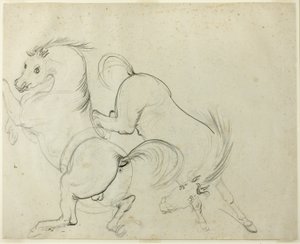 To heste, der kaster sig (recto); Mand på en sparkende hest (verso) af Carle Vernet