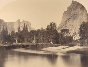 River View, Down the Valley, Cathedral Rock til venstre, 1861, Yosemite. af Carleton Emmons Watkins