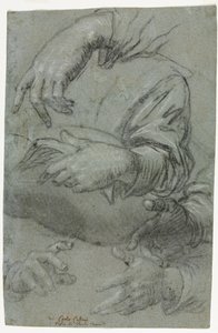 Studier af hænder recto, skitse af et barns hoved verso, ca. 1586. af Carletto Caliari