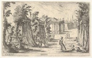 Udsigt med en mand i turban og en løve stående til højre, telte og klassisk archite..., 1680-1710.