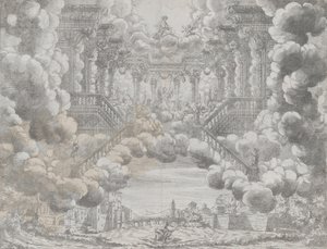 Scenografi med allegoriske figurer på en trappe, fra 
