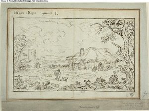 Landevejskryds med landbrugsbygninger i forgrunden af Carlo Antonio Tavella