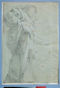 To mænd stående gardiner Tegning i blæk og vask af Carlo Bononi (1569-1632) Dim. 0,27 x 0,39 m Paris. Louvre-museet