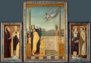Bebudelsen, de hellige Benedikt og Augustin, den hellige Stefan og Angelus (maleri på træ)