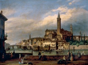 Udsigt langs Adige-floden i Verona, med Church of St Anastasia i baggrunden af Carlo Canella
