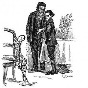 Illustration af Pinocchio af Carlo Chiostri (1863-1939), en af de første italienske illustratorer af Collodis værk. Pinocchio, der endelig bliver en rigtig lille dreng, ser sammen med Geppettto på den trædukke, han var.